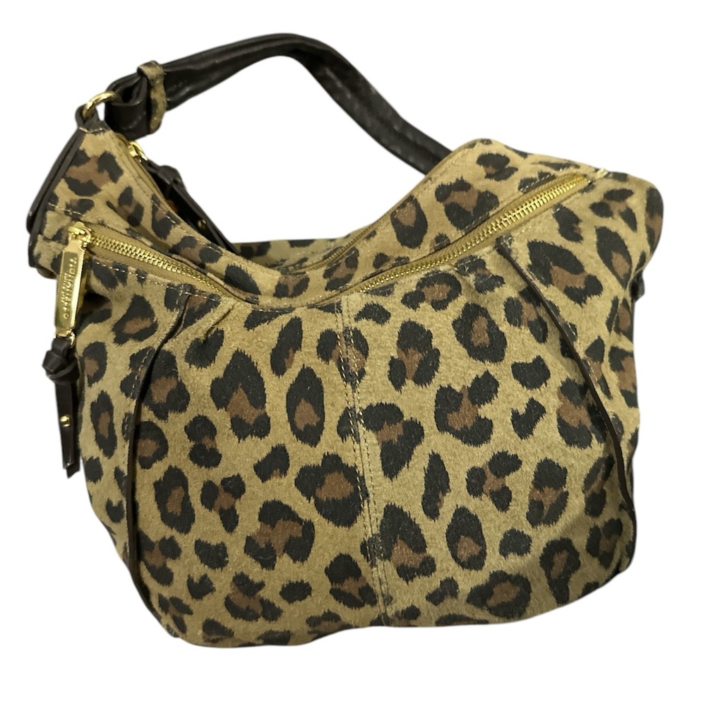 Tignanello suede leopard shoulder bag with gold accents nice size brown leather